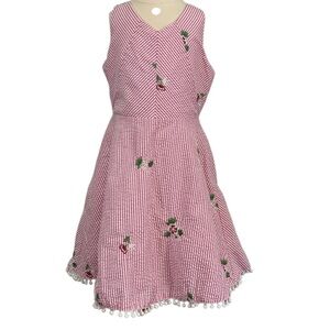 Rare Editions Girls Dress – Size 7 – Pink & White Stripe Floral with Pom Trim